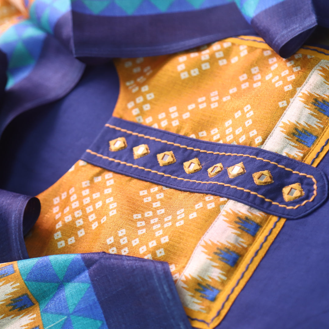 Rukshat Royal Blue with Printed Patch Neck Cotton Flex Suit Set