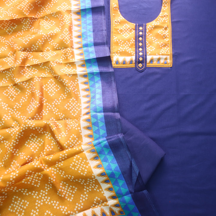 Rukshat Royal Blue with Printed Patch Neck Cotton Flex Suit Set