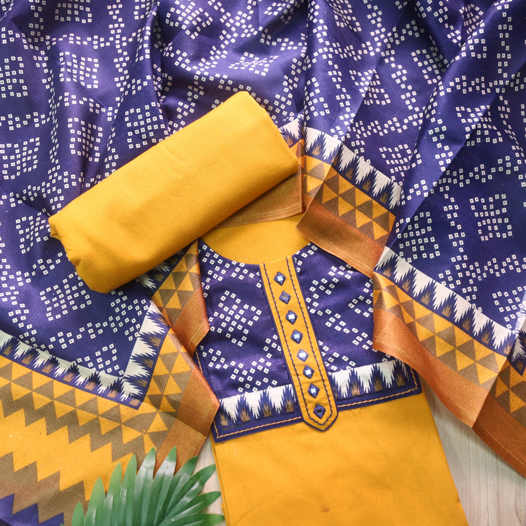 Rukshat Dijon Yellow with Printed Patch Neck Cotton Flex Suit Set