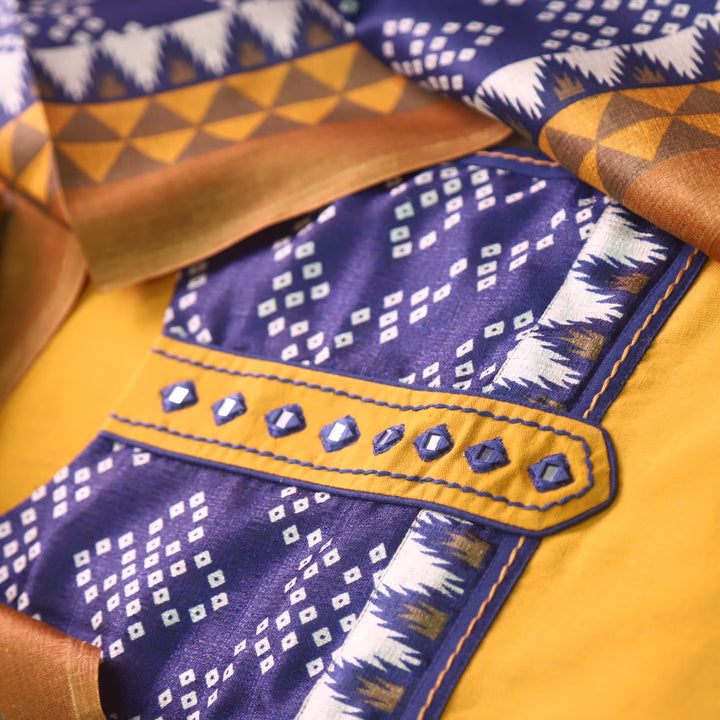 Rukshat Dijon Yellow with Printed Patch Neck Cotton Flex Suit Set