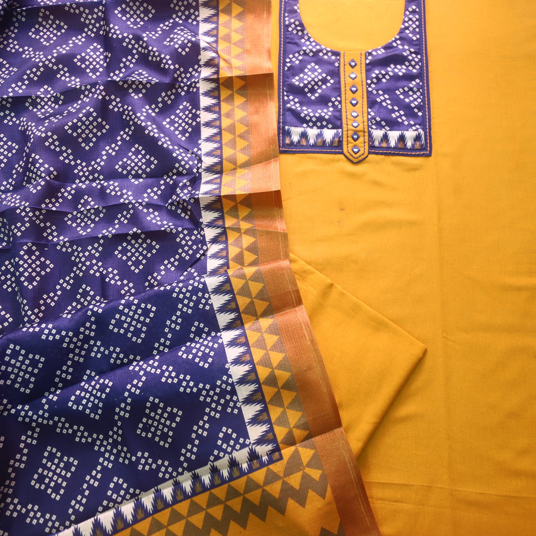 Rukshat Dijon Yellow with Printed Patch Neck Cotton Flex Suit Set