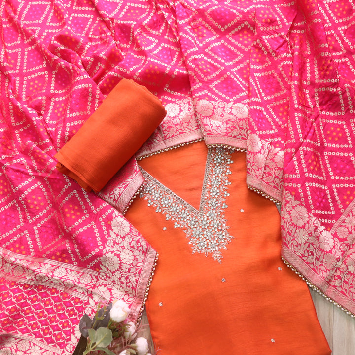 Mohataaz Bright Orange V Embellished Neck Work Dola Silk Suit Set
