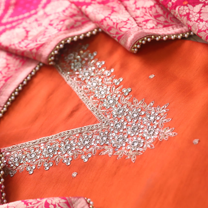 Mohataaz Bright Orange V Embellished Neck Work Dola Silk Suit Set