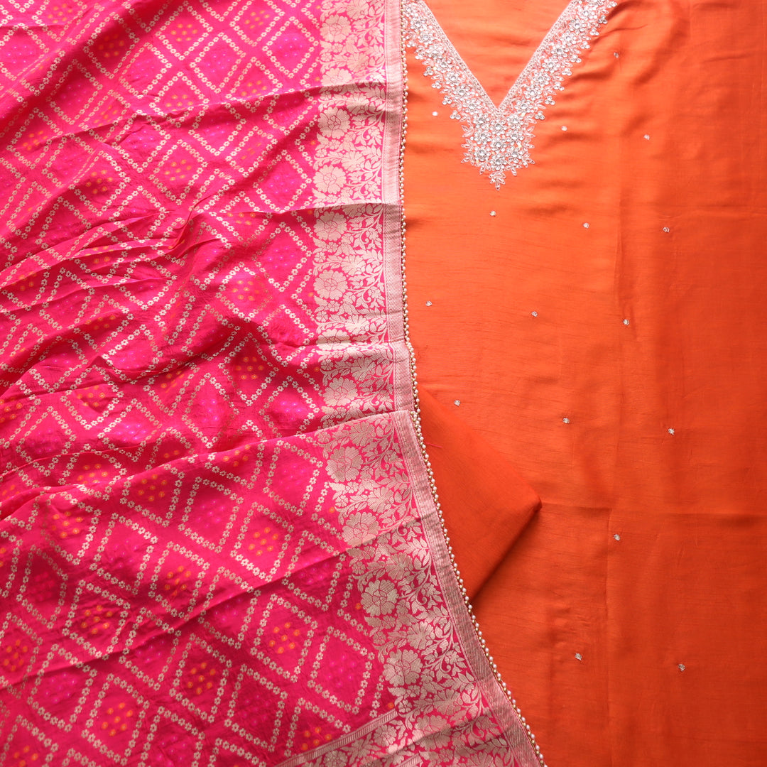 Mohataaz Bright Orange V Embellished Neck Work Dola Silk Suit Set