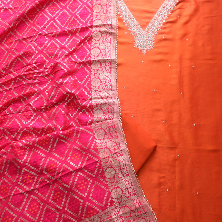 Mohataaz Bright Orange V Embellished Neck Work Dola Silk Suit Set