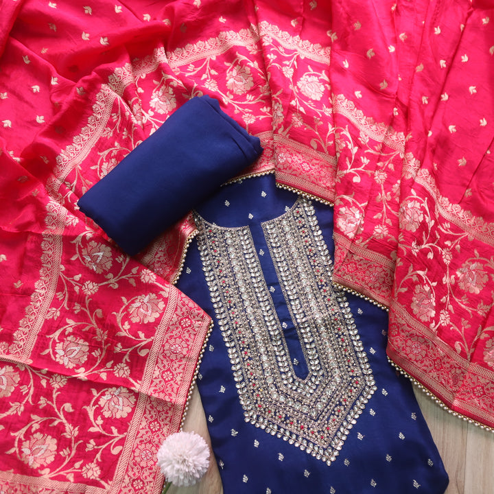 Mohataaz Navy Blue V Embellished Neck Work Chanderi Suit Set