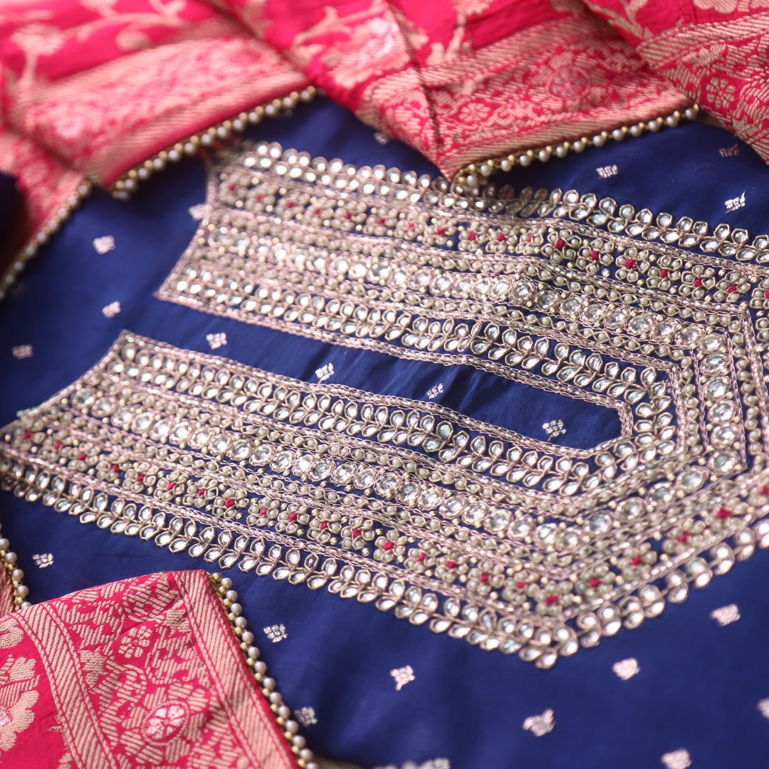 Mohataaz Navy Blue V Embellished Neck Work Chanderi Suit Set