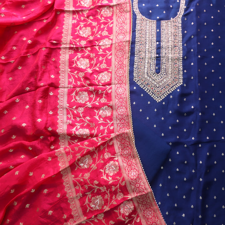 Mohataaz Navy Blue V Embellished Neck Work Chanderi Suit Set
