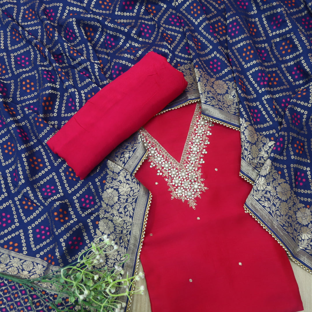 Mohataaz Rani Pink V Embellished Neck Work Dola Silk Suit Set