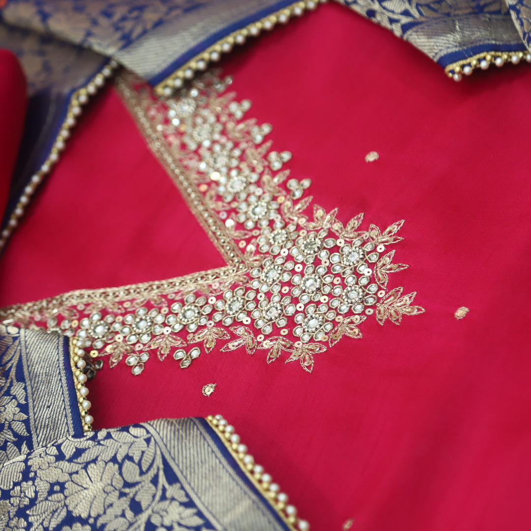 Mohataaz Rani Pink V Embellished Neck Work Dola Silk Suit Set