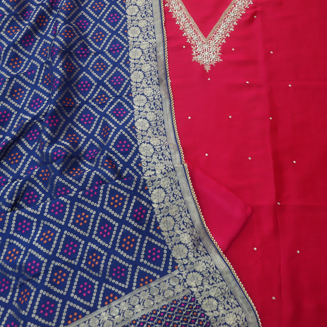 Mohataaz Rani Pink V Embellished Neck Work Dola Silk Suit Set