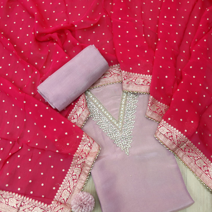 Falak Soft Helio Heavy Desginer Neck with Stone in Shimmer Tissue Silk Suit Set