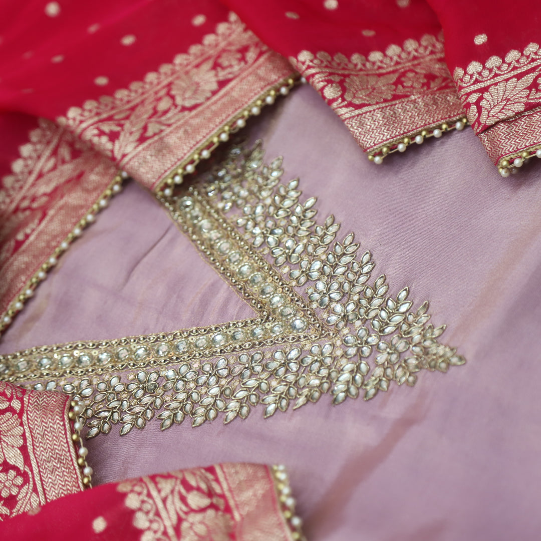 Falak Soft Helio Heavy Desginer Neck with Stone in Shimmer Tissue Silk Suit Set