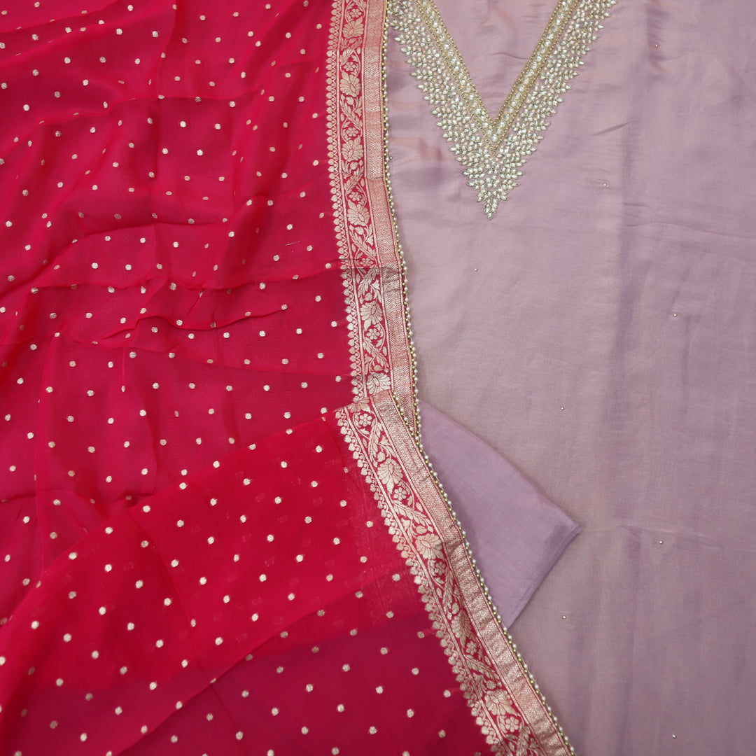 Falak Soft Helio Heavy Desginer Neck with Stone in Shimmer Tissue Silk Suit Set