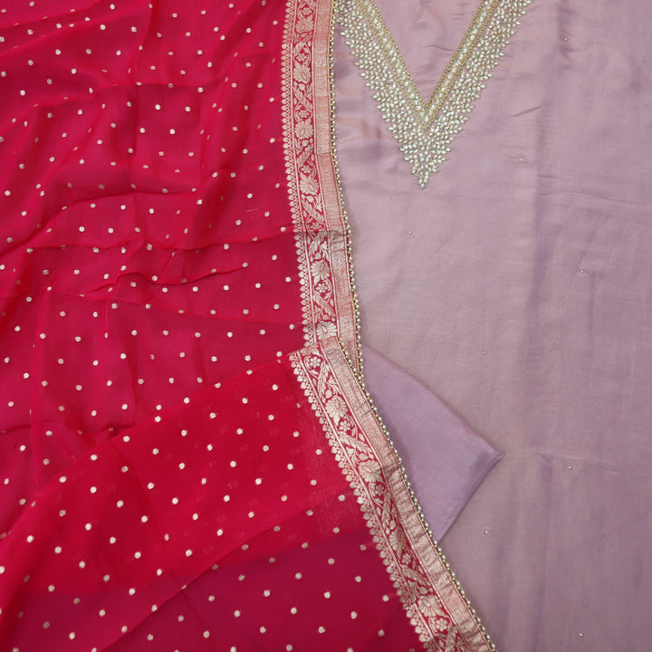 Falak Soft Helio Heavy Desginer Neck with Stone in Shimmer Tissue Silk Suit Set