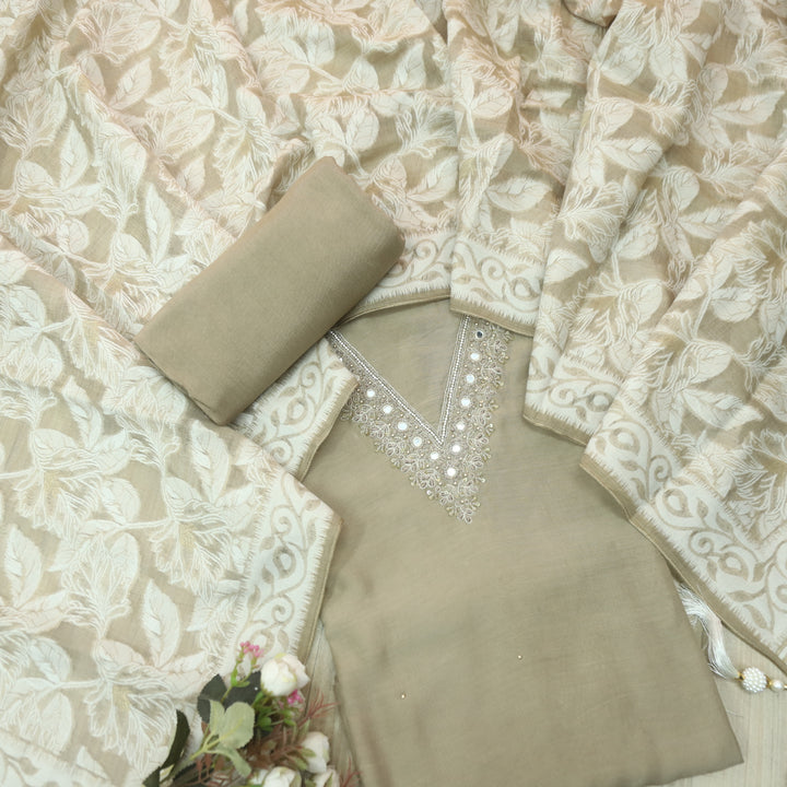Mohataaz Sand Beige V Embellished Neck Work Chanderi Suit Set