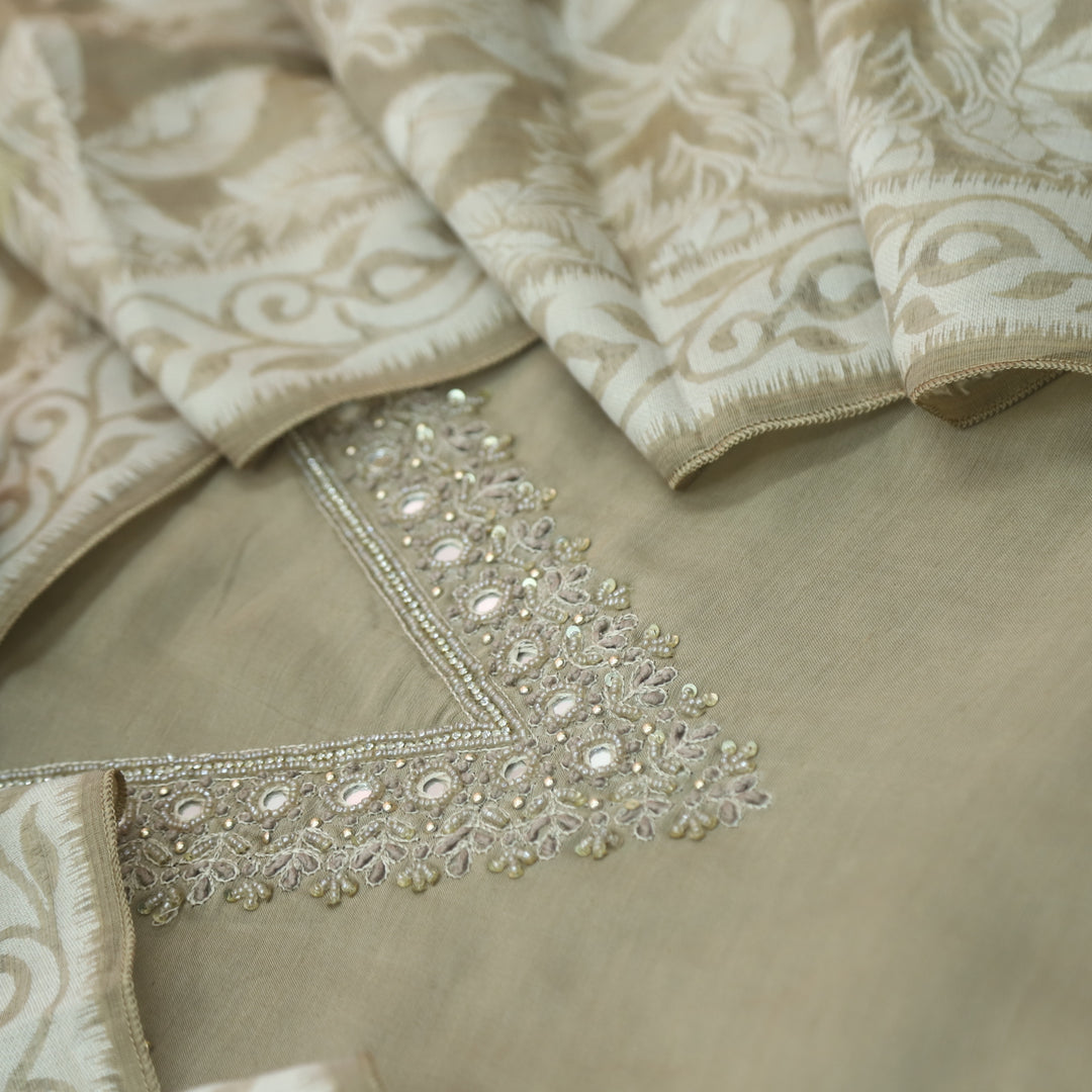Mohataaz Sand Beige V Embellished Neck Work Chanderi Suit Set