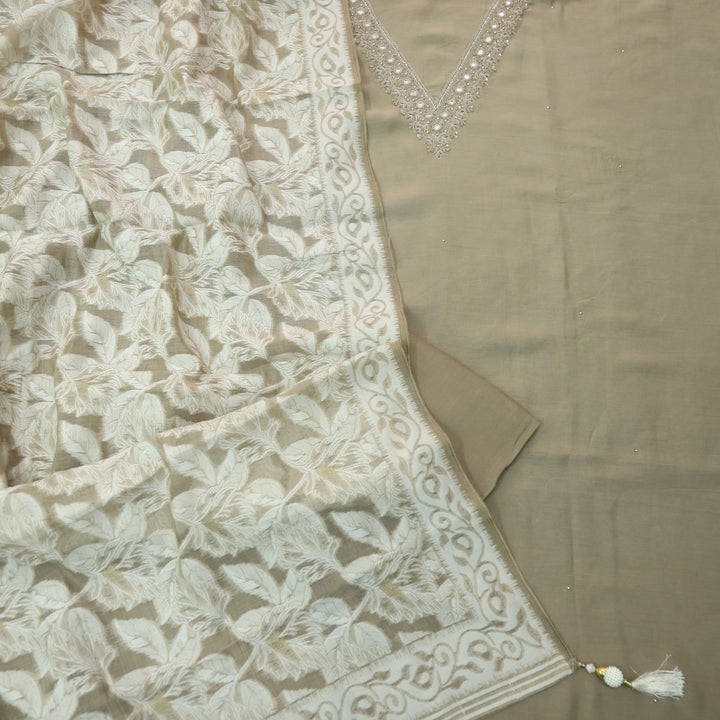 Mohataaz Sand Beige V Embellished Neck Work Chanderi Suit Set