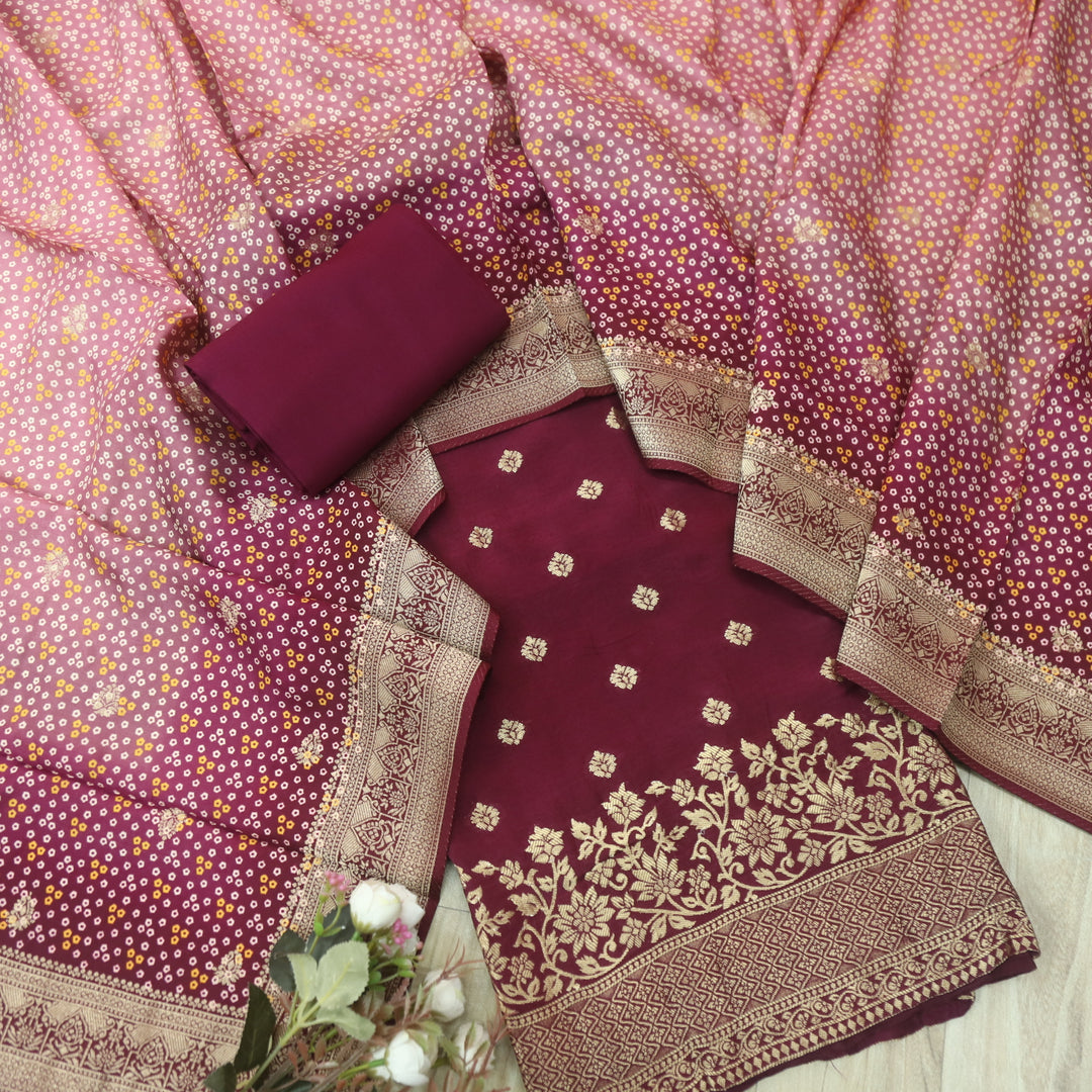 Musavvir Wine Maroon All Over Zari Weaved Hem Dola Silk Suit Set