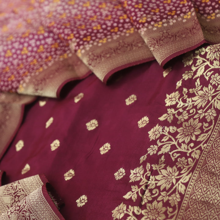 Musavvir Wine Maroon All Over Zari Weaved Hem Dola Silk Suit Set