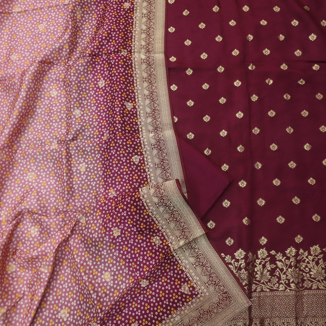 Musavvir Wine Maroon All Over Zari Weaved Hem Dola Silk Suit Set