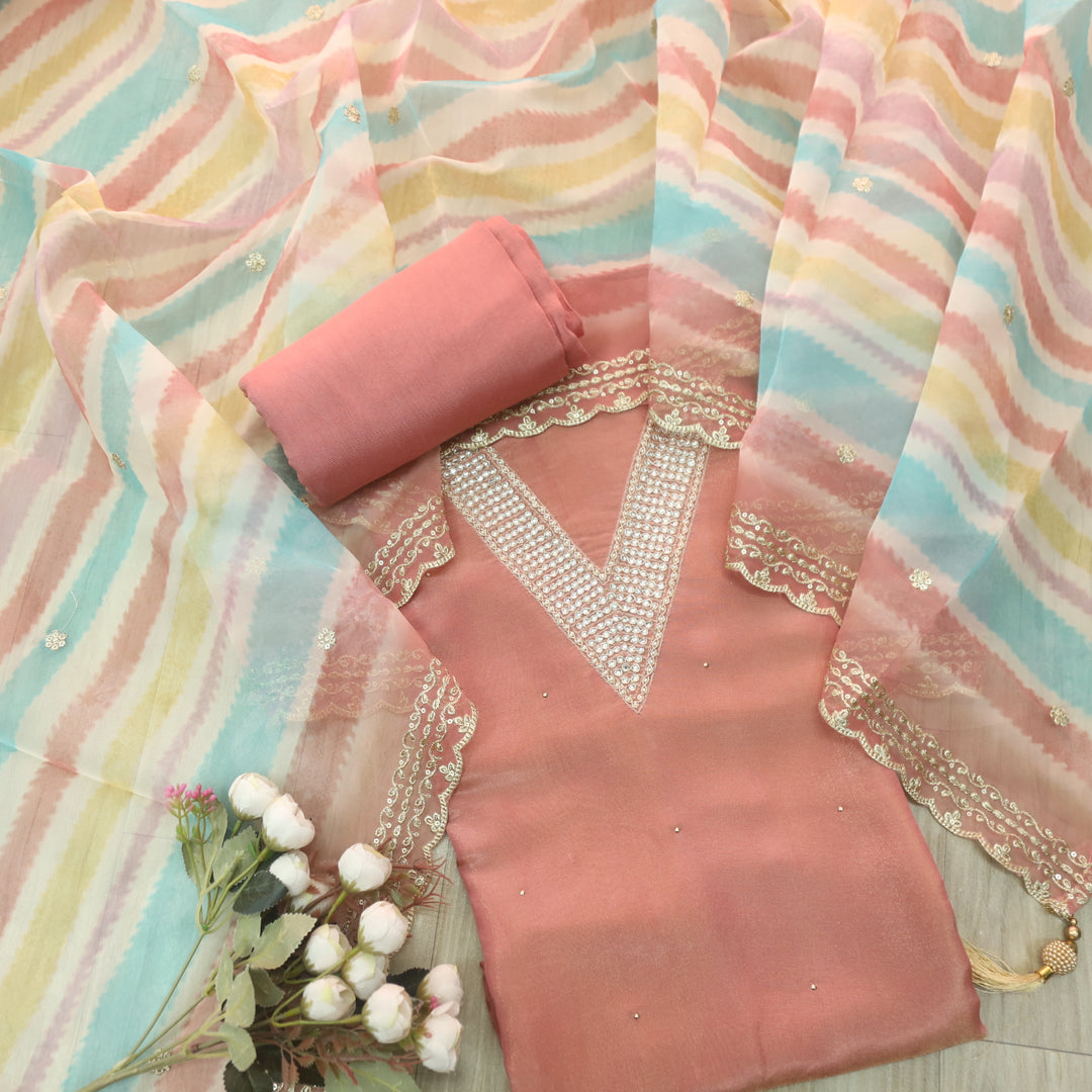 Naari Peach V Embellished Neck with Stone Work Shimmer Tissue Silk Suit Set
