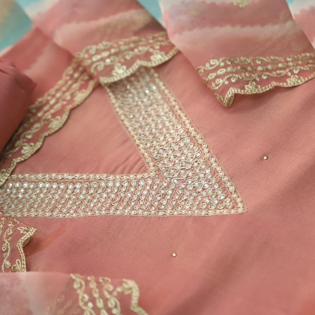 Naari Peach V Embellished Neck with Stone Work Shimmer Tissue Silk Suit Set