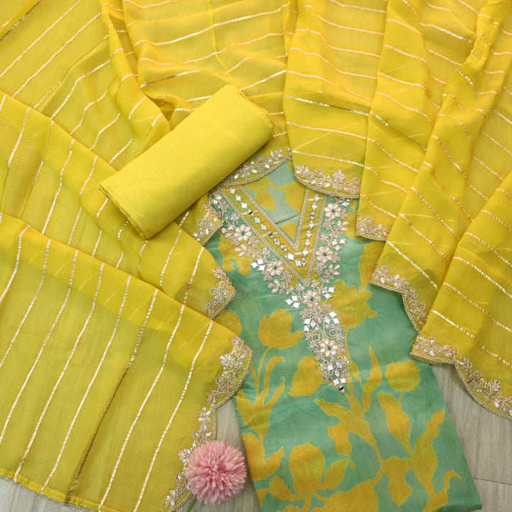 Naari Lemon Green V Embellished Neck Work Shimmer Tissue Silk Suit Set