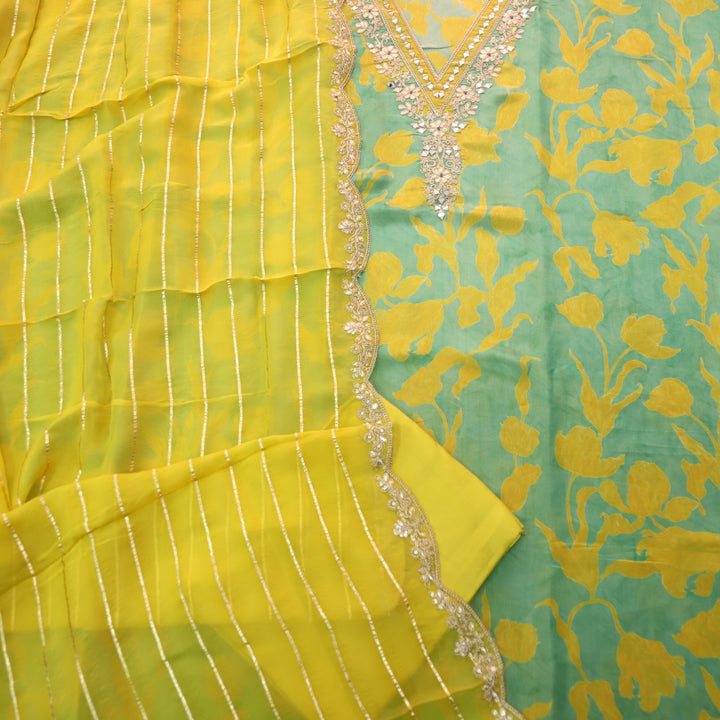 Naari Lemon Green V Embellished Neck Work Shimmer Tissue Silk Suit Set