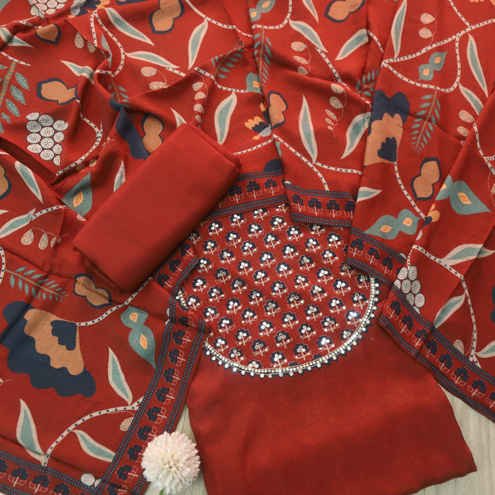 Manzeel Ruby Red Zari with Patra Neck Work Printed Muslin Suit Set