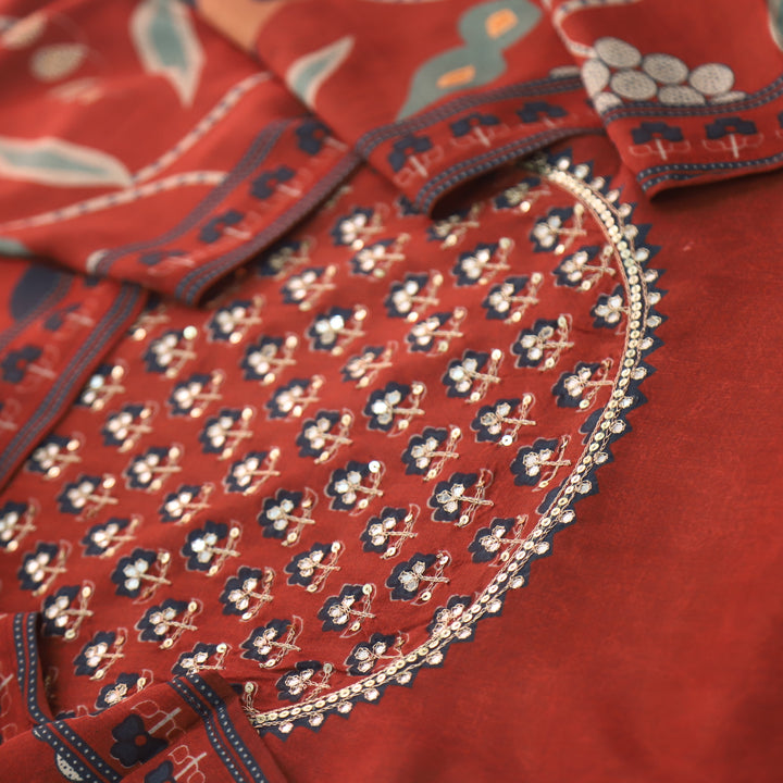 Manzeel Ruby Red Zari with Patra Neck Work Printed Muslin Suit Set