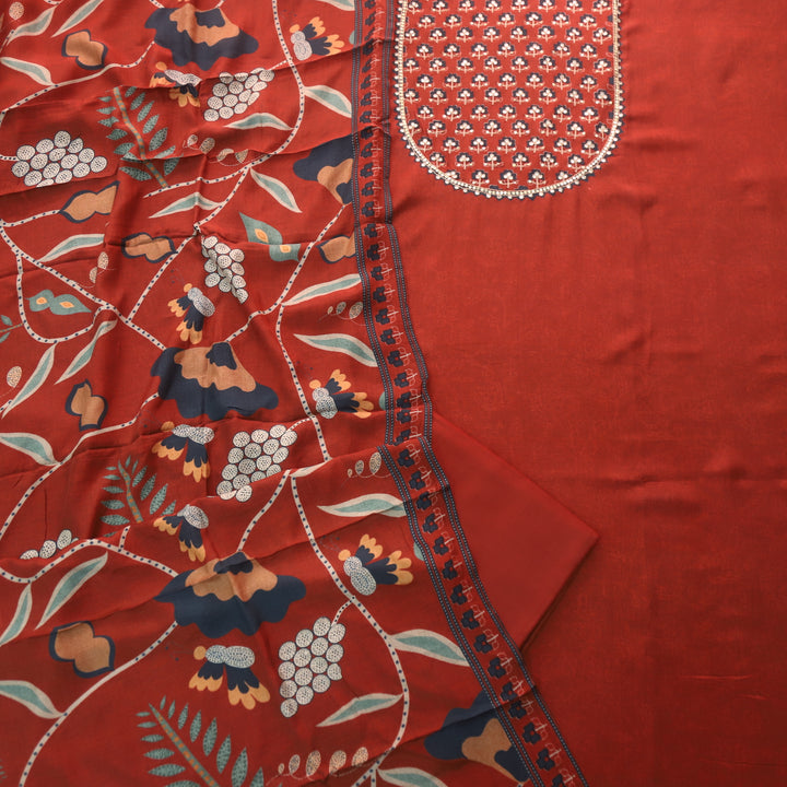 Manzeel Ruby Red Zari with Patra Neck Work Printed Muslin Suit Set