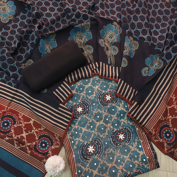 Manzeel Bluish Grey Zari with Patra Neck Work Printed Muslin Suit Set