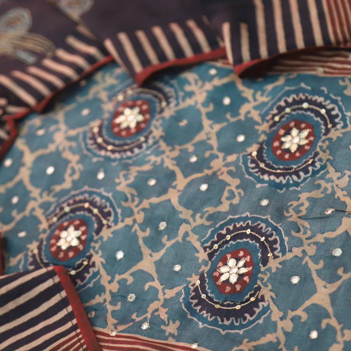 Manzeel Bluish Grey Zari with Patra Neck Work Printed Muslin Suit Set