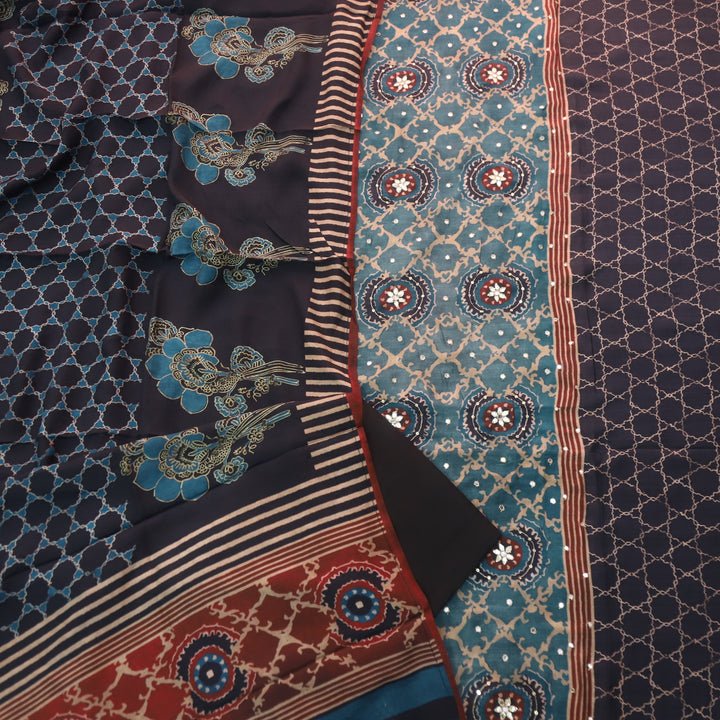 Manzeel Bluish Grey Zari with Patra Neck Work Printed Muslin Suit Set