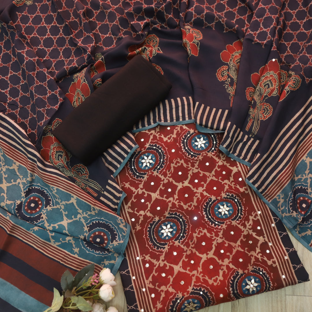 Manzeel Ruby Black Zari with Patra Neck Work Printed Muslin Suit Set
