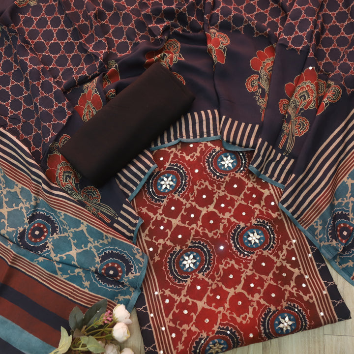 Manzeel Ruby Black Zari with Patra Neck Work Printed Muslin Suit Set