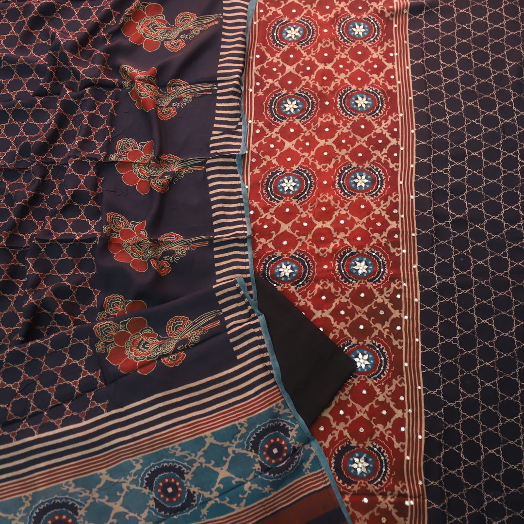 Manzeel Ruby Black Zari with Patra Neck Work Printed Muslin Suit Set
