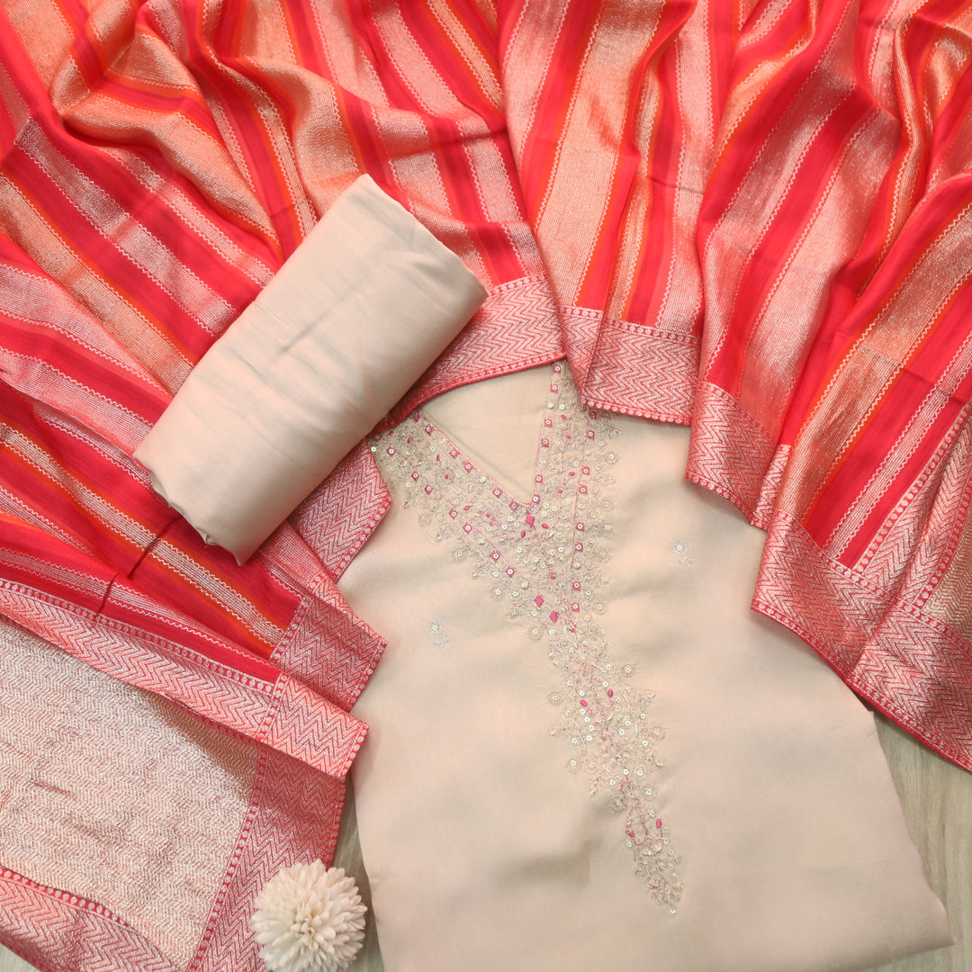 Aashna Rose Beige V Zari Embellished Neck Dola Silk Suit Set