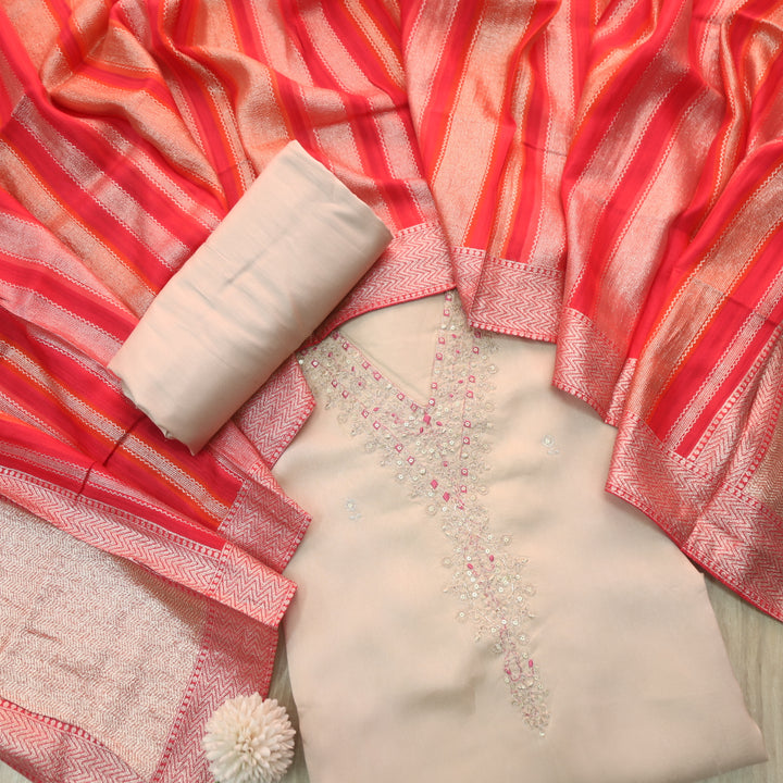 Aashna Rose Beige V Zari Embellished Neck Dola Silk Suit Set