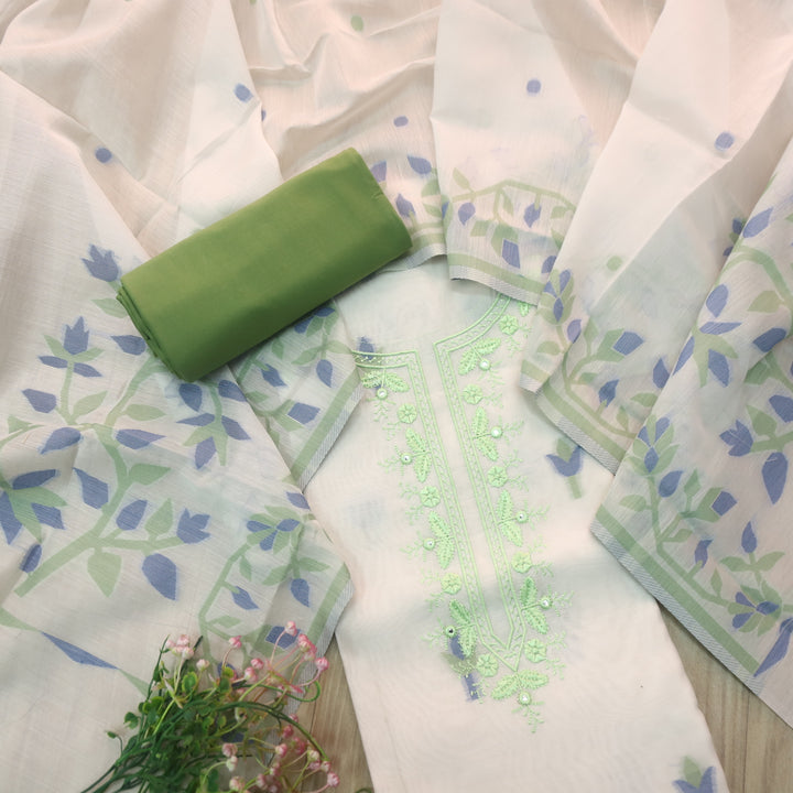 Faasla Leaf Green Thread Embroidered Neck Work amdani Weaved Suit Set