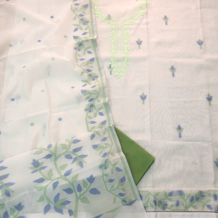 Faasla Leaf Green Thread Embroidered Neck Work amdani Weaved Suit Set