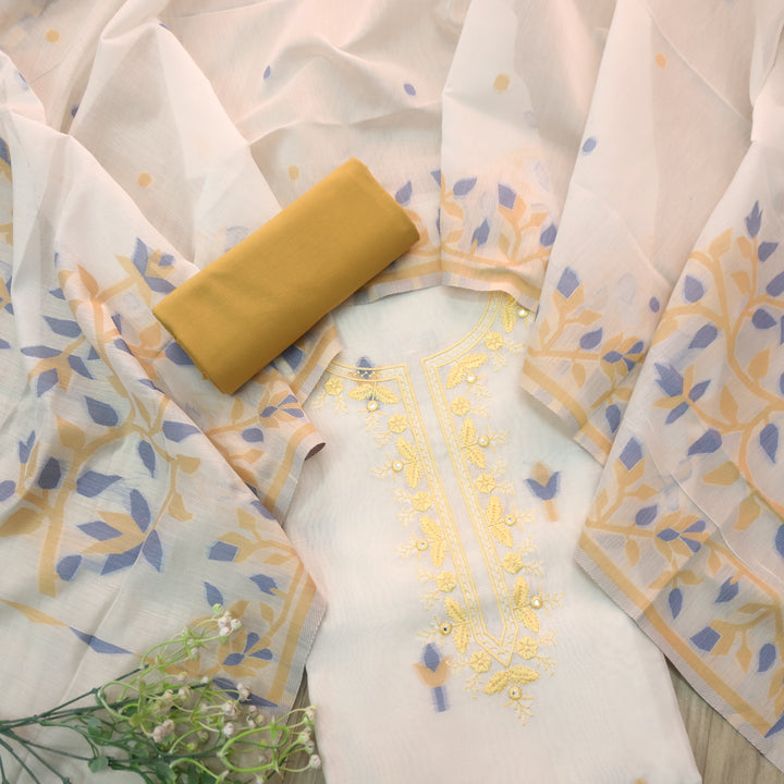 Faasla Mus. Yellow Thread Embroidered Neck Work Jamdani Weaved Suit Set