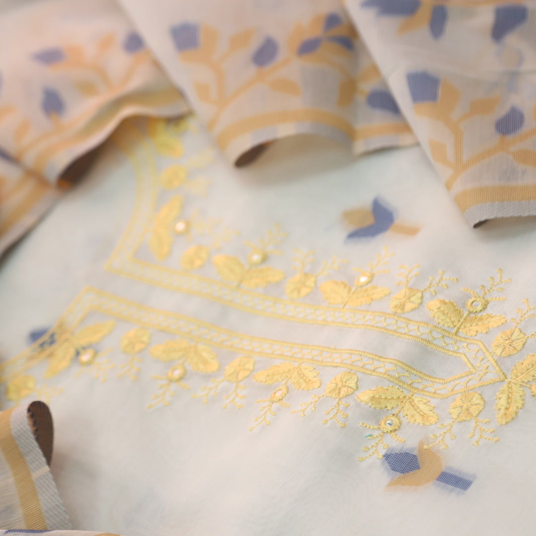 Faasla Mus. Yellow Thread Embroidered Neck Work Jamdani Weaved Suit Set