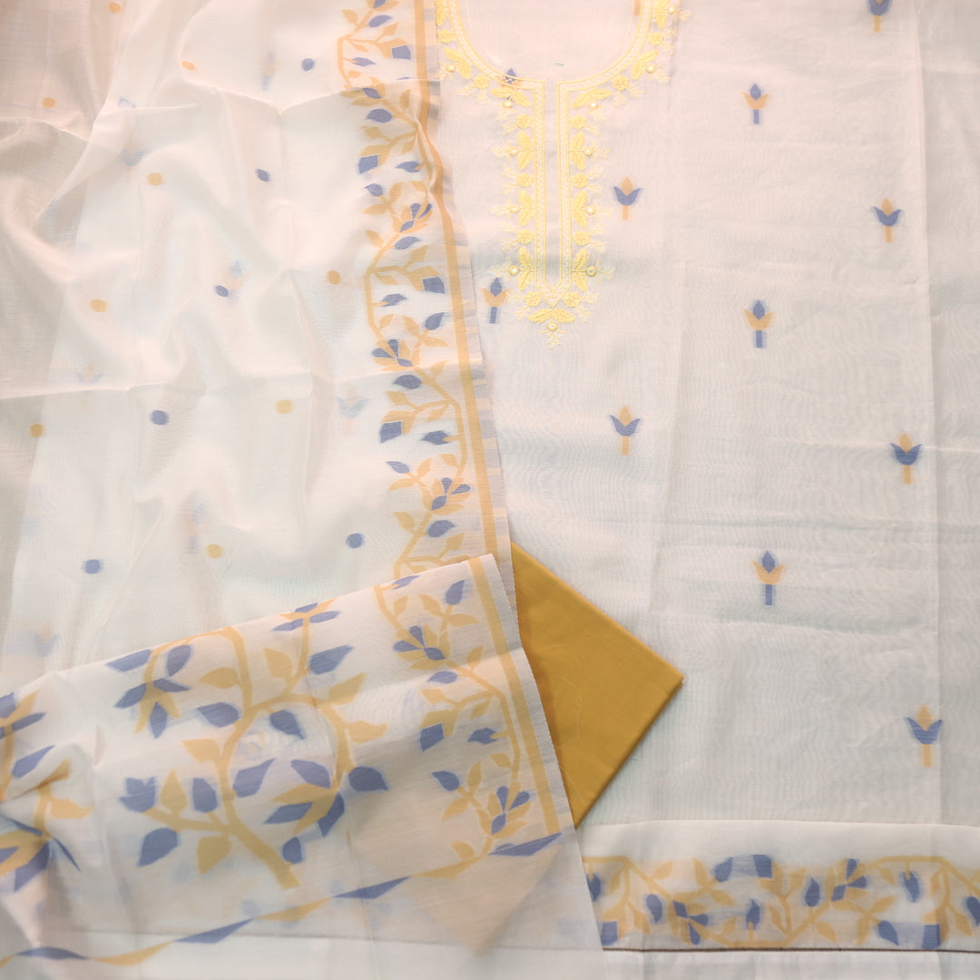 Faasla Mus. Yellow Thread Embroidered Neck Work Jamdani Weaved Suit Set