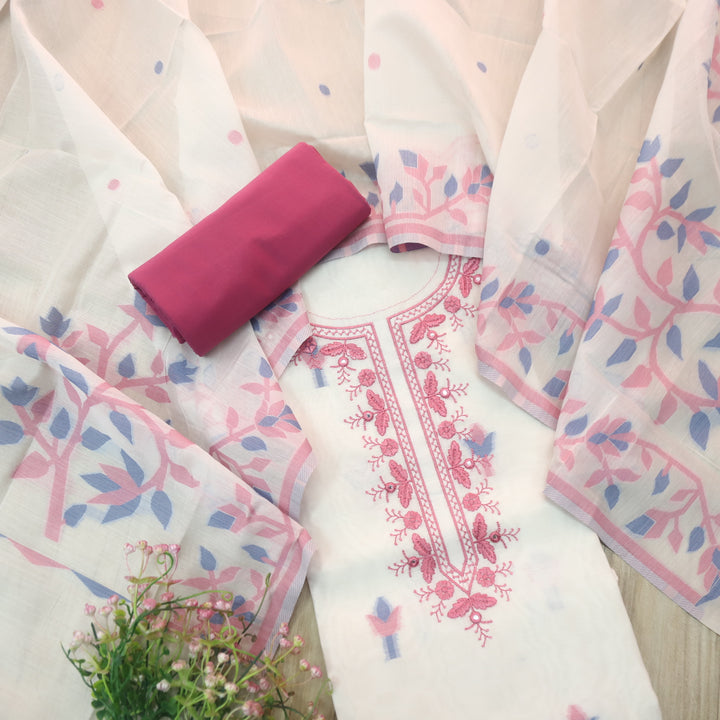 Faasla Barbie Pink Thread Embroidered Neck Work Jamdani Weaved Suit Set