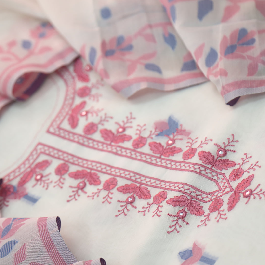 Faasla Barbie Pink Thread Embroidered Neck Work Jamdani Weaved Suit Set