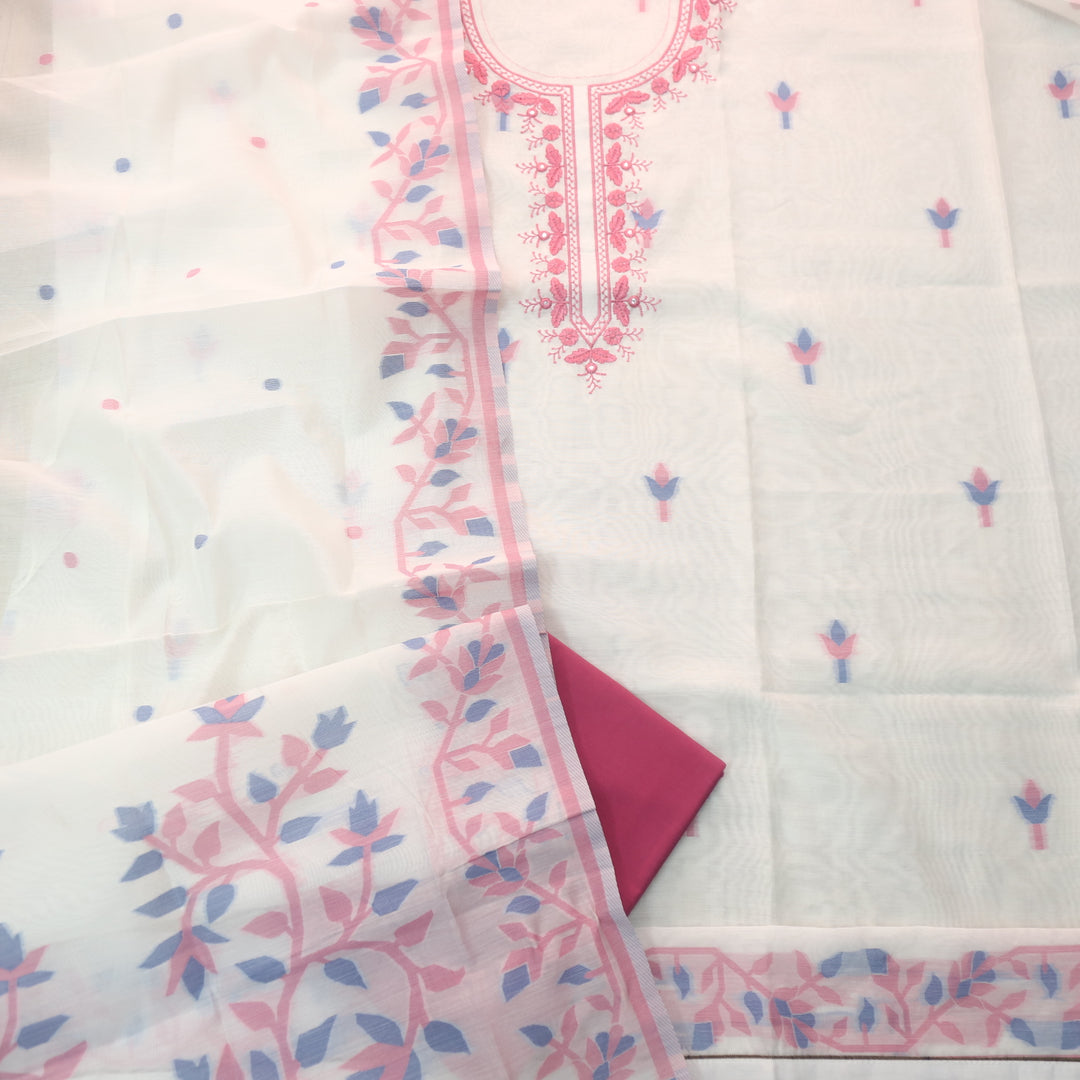 Faasla Barbie Pink Thread Embroidered Neck Work Jamdani Weaved Suit Set