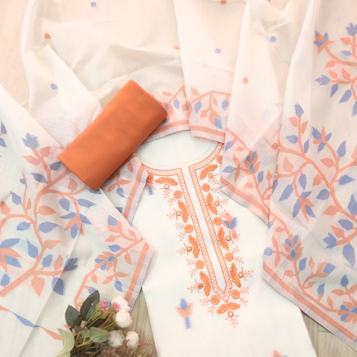 Faasla Tangy Orange Thread Embroidered Neck Work Jamdani Weaved Suit Set