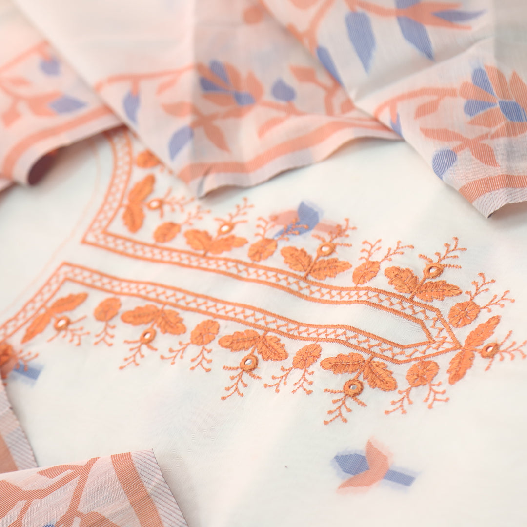 Faasla Tangy Orange Thread Embroidered Neck Work Jamdani Weaved Suit Set